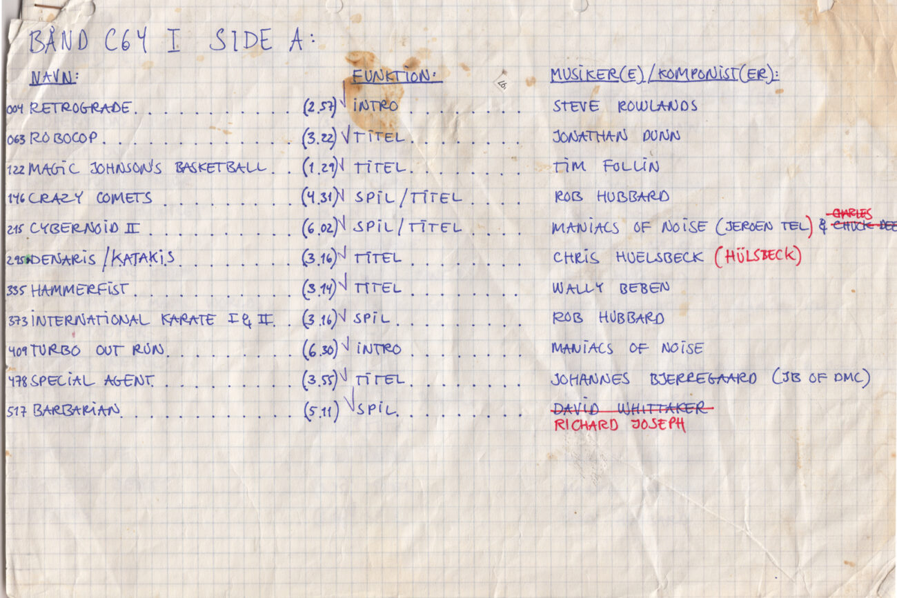 1990 cassette tape notes for SID music